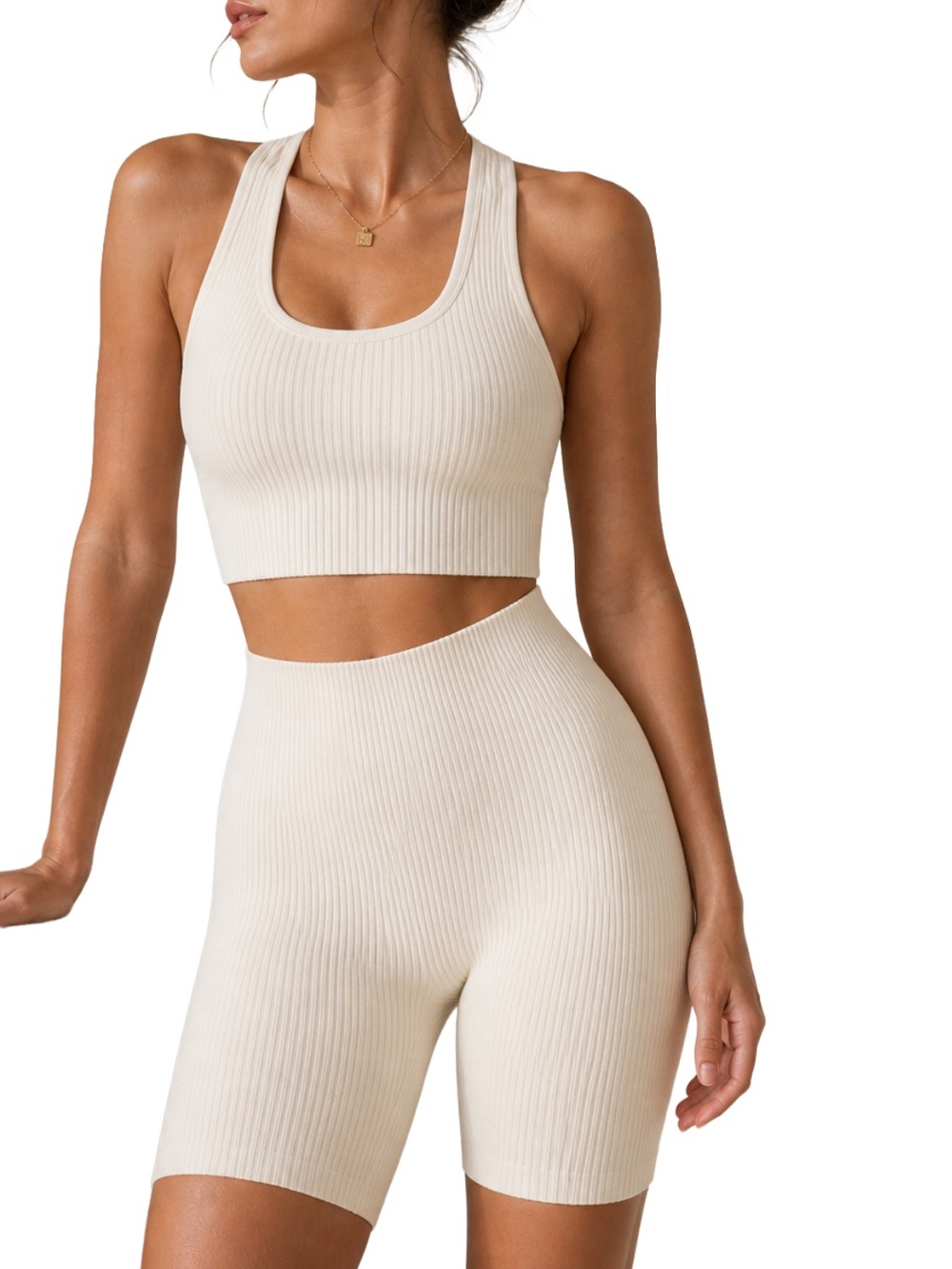 Zara Seamless Ribbed 2-Piece Biker Short Set XS/S Ecru Pilates Athleisure Co-Ord